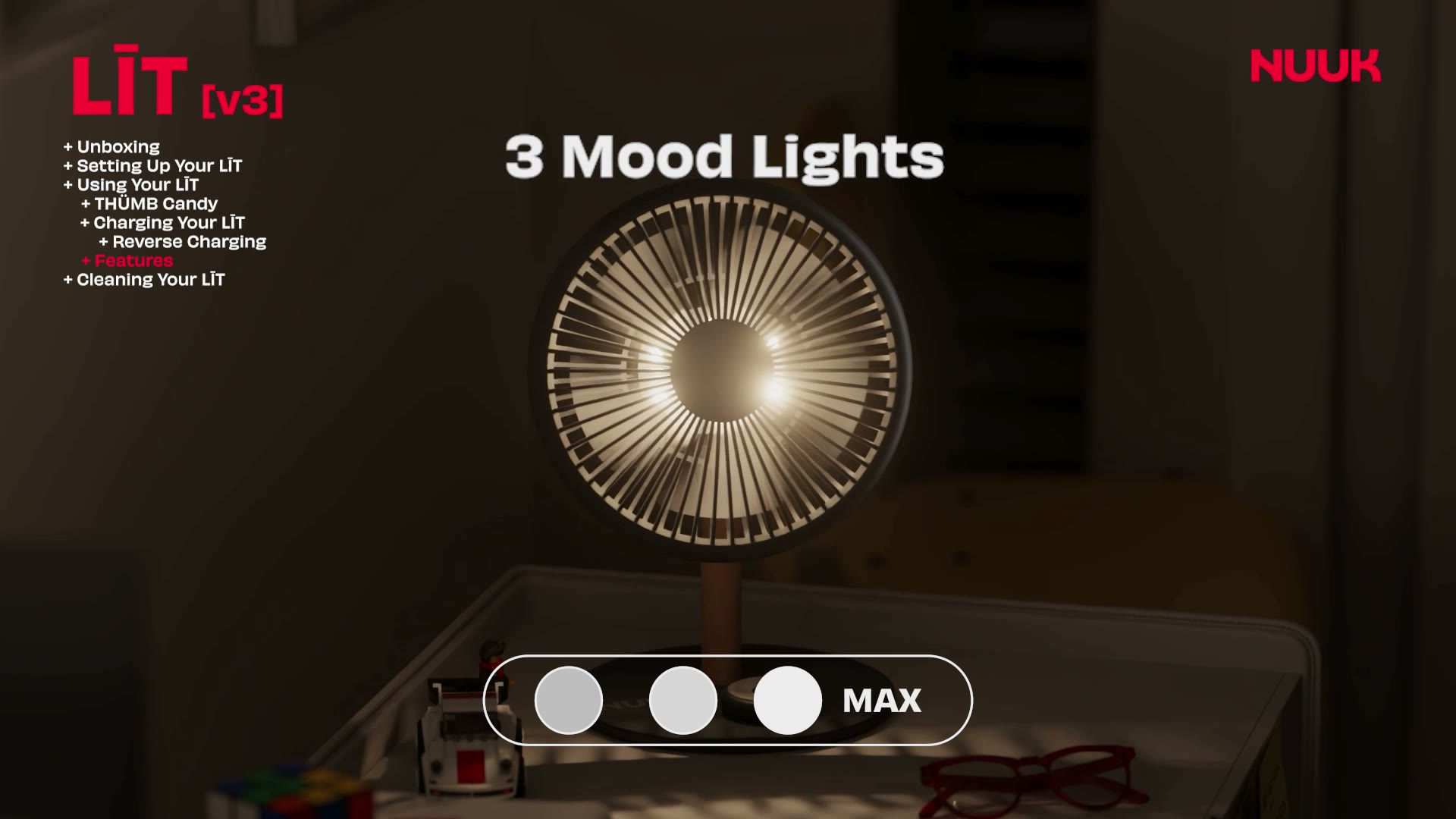 Three mood lights, dialed down to MAX warmth